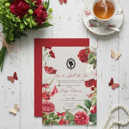 Budget Red Florals Bridgerton Birthday Party Einladung