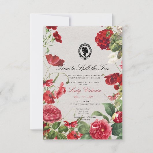 Budget Red Florals Bridgerton Birthday Party Einladung (Vorderseite)