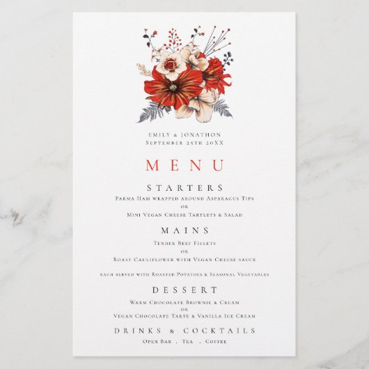Budget Red Florals Foliage Wedge Menu (Vorderseite)