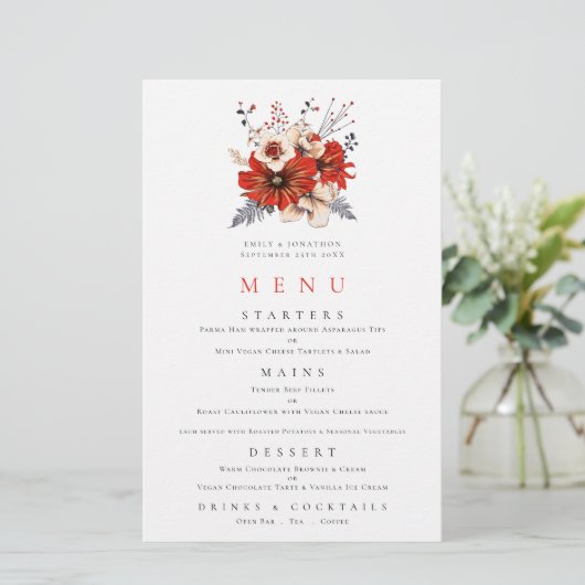 Budget Red Florals Foliage Wedge Menu (Stehend Vorderseite)
