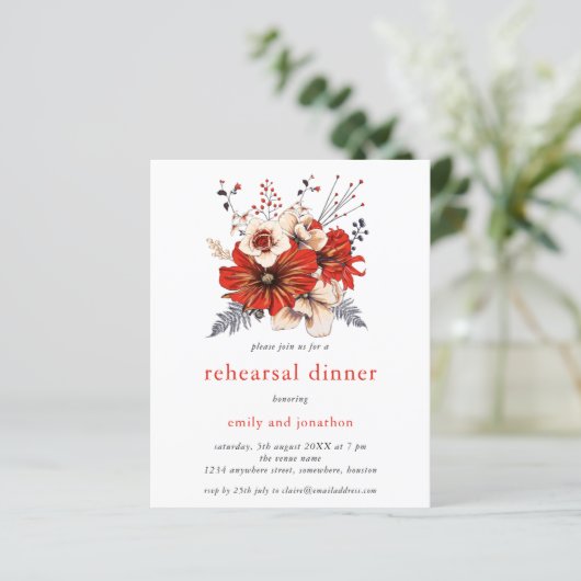 Budget Red Florals Probe Dinner Einladung (Stehend Vorderseite)