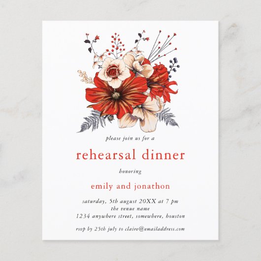 Budget Red Florals Probe Dinner Einladung (Vorderseite)