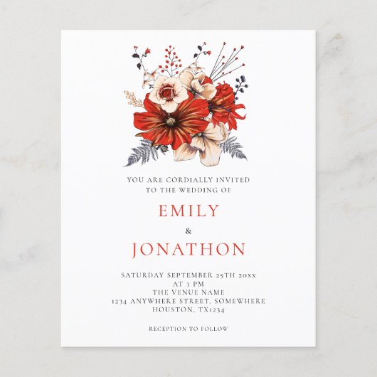 Budget Red Florals QR Code Hochzeitsempfehlung (Vorderseite)