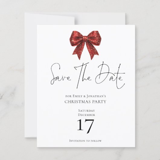 Budget Red Glitzer Bow Weihnachten Save the Date (Vorderseite)