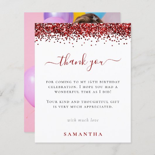 Budget Red Glitzer Foto Sweet 16 Danke (Vorne/Hinten)