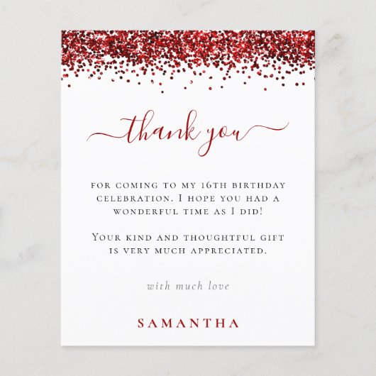 Budget Red Glitzer Foto Sweet 16 Danke (Vorderseite)