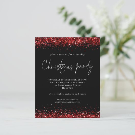 Budget Red Glitzer Script Party Black (Stehend Vorderseite)