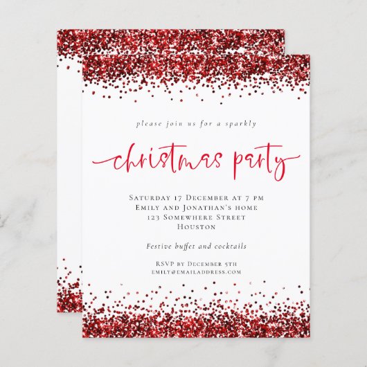 Budget Red Glitzer Script Weihnachts-Party Einladu (Vorne/Hinten)