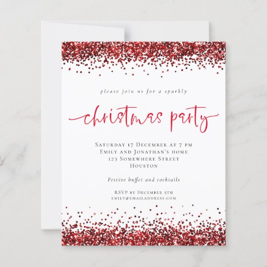Budget Red Glitzer Script Weihnachts-Party Einladu (Vorderseite)