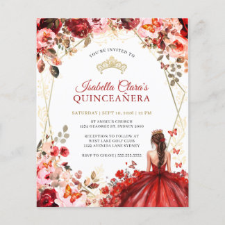 Budget Red Gold Floral Princess Quinceanera