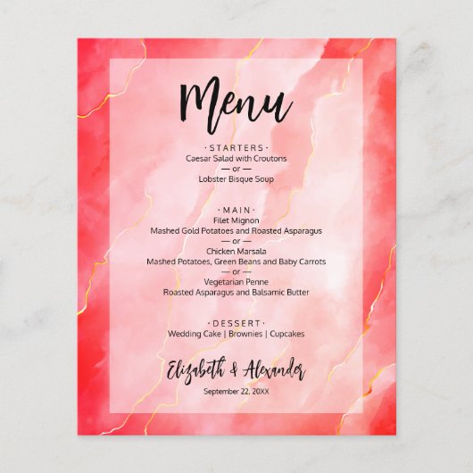 Budget Red Gold Marble Wedding Menu Flyer (Vorne)