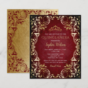 Budget Red Gold Tiara Quinceañera Einladung