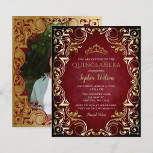 Budget Red Gold Tiara Quinceañera Foto Einladung
