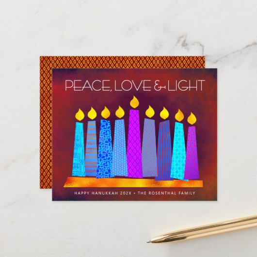 Budget Red Hanukkah Candles Peace Liebe Light Card (Vorderseite/Rückseite Beispiel)