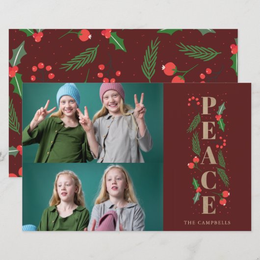Budget Red Holly Berry Peace Foto Holiday Card (Vorne/Hinten)