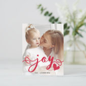 Budget Red Joy Typografy Foto Holiday Card (Stehend Vorderseite)