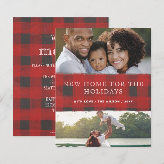 Budget Red Kariert New Zuhause Foto Holiday Card (Vorne/Hinten)