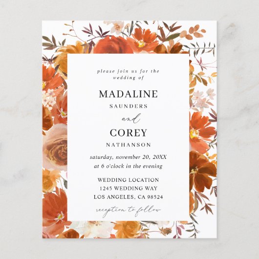 Budget Red & Orange Fall Floral Wedding B Flyer (Vorne)