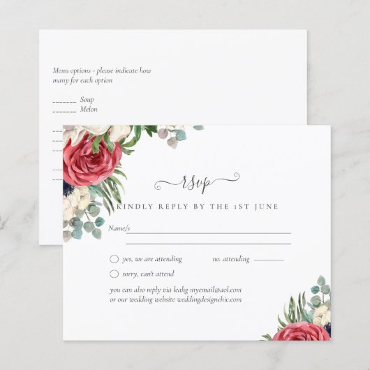 Budget Red White Blue Floral Wedding RSVP (Vorne/Hinten)