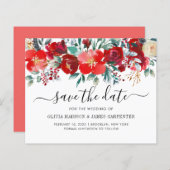 Budget Red Winter Botanal Floral Save the Date (Vorne/Hinten)
