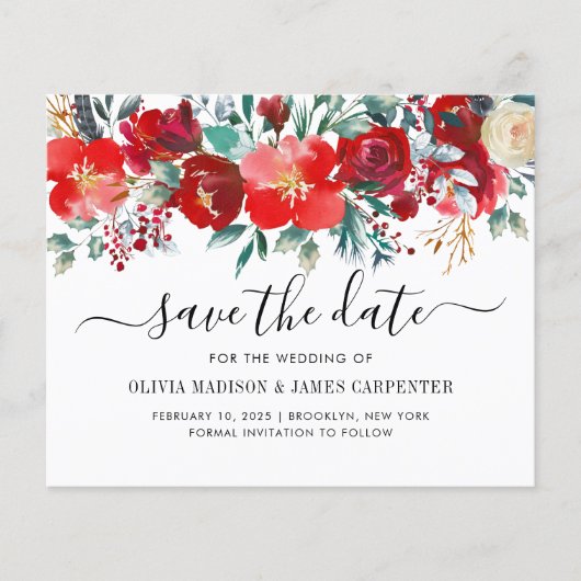 Budget Red Winter Botanal Floral Save the Date (Vorderseite)