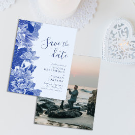 Budget Retro Blue Floral mit Foto Save the Date
