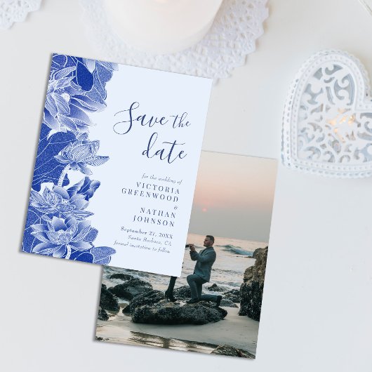 Budget Retro Blue Floral mit Foto Save the Date