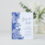 Budget Retro Blue Floral mit Foto Save the Date (Stehend Vorderseite)