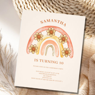 Budget Retro Boho Rainbow 10. Geburtstag Einladung Flyer
