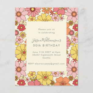 Budget Retro Boho Rosa Blumengeburtstagseinladung
