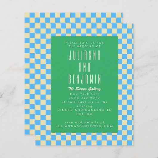Budget Retro Checkerboard Blue Green Wedding (Vorne/Hinten)