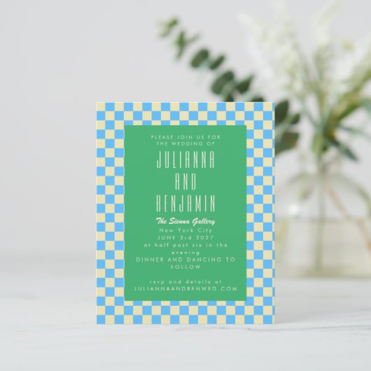 Budget Retro Checkerboard Blue Green Wedding (Stehend Vorderseite)
