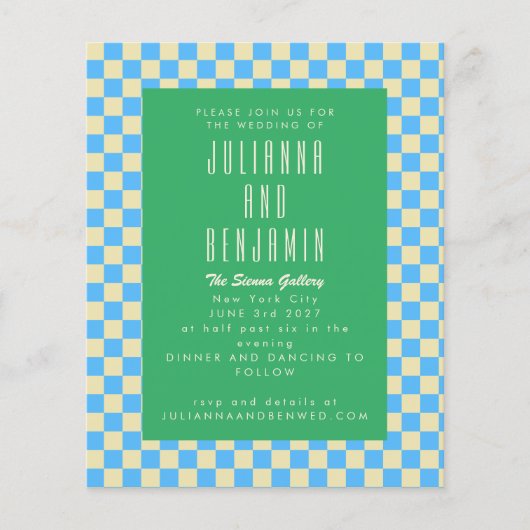 Budget Retro Checkerboard Blue Green Wedding (Vorderseite)