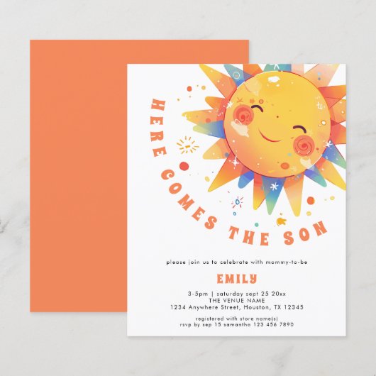 Budget Retro Hier kommt die Son Baby Dusche einlad (Vorne/Hinten)