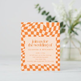 Budget Retro Orange Check Wedding QR Code Invite