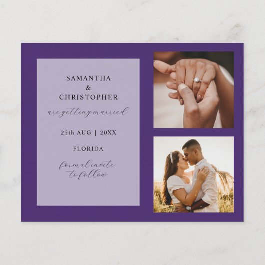 Budget Rette unser Datum Lila Foto Hochzeit (Rückseite)