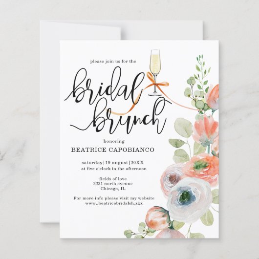 Budget Romantic Coral Floral Bridal Brunch Card (Vorderseite)