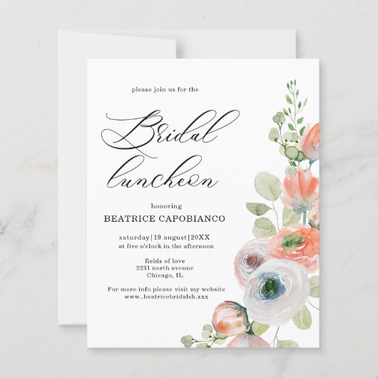 Budget Romantic Coral Floral Bridal Luncheon Card (Vorderseite)