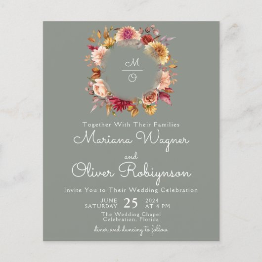 Budget Romantic Fall Floral Sage Green Hochzeit (Vorderseite)