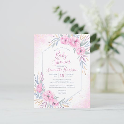 Budget Rosa Aquarell Floral Elegante Babydusche Einladungspostkarte (Stehend Vorderseite)