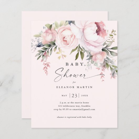 Budget Rosa Blume Garden Kinderdusche Einladung (Vorne/Hinten)