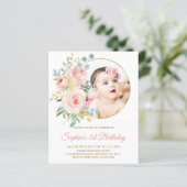 Budget Rosa Blume & Gold Einladung zum ersten Gebu (Stehend Vorderseite)