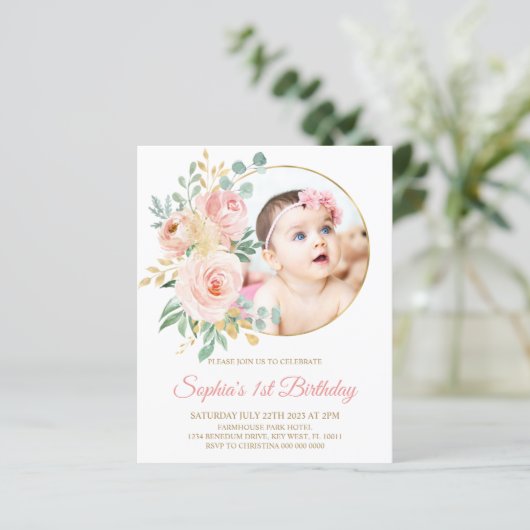 Budget Rosa Blume & Gold Einladung zum ersten Gebu (Stehend Vorderseite)