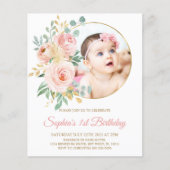 Budget Rosa Blume & Gold Einladung zum ersten Gebu (Vorderseite)