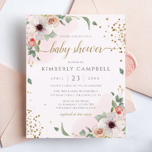Budget Rosa Blumen-Mädchen-Baby-Shower-Einladung