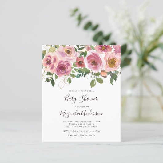 BUDGET Rosa Blumendusche Einladung (Stehend Vorderseite)