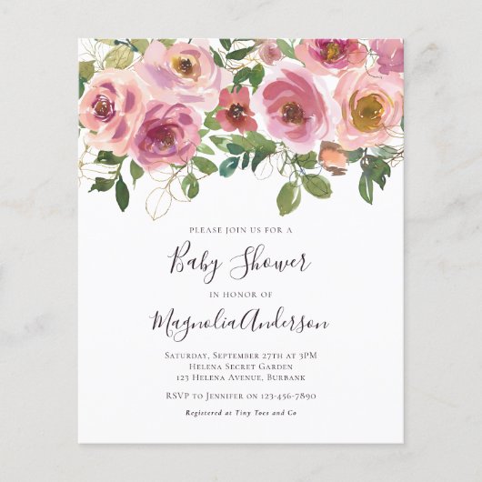 BUDGET Rosa Blumendusche Einladung (Vorderseite)