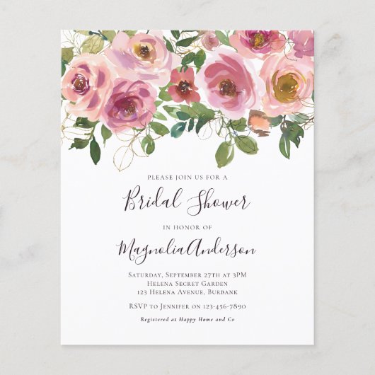 Budget Rosa Blumendusche Einladung (Vorderseite)