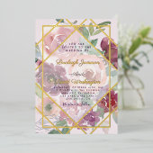 Budget Rosa Blüten und Gold geometrisch Folieneinladung (Stehend vorne)