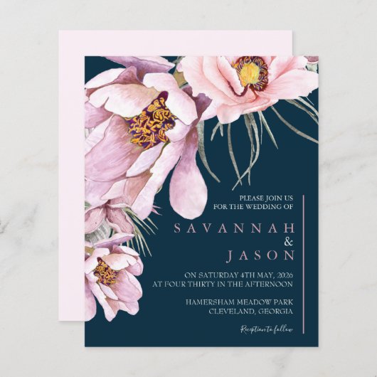 Budget Rosa Blütenblut Einladung (Vorne/Hinten)